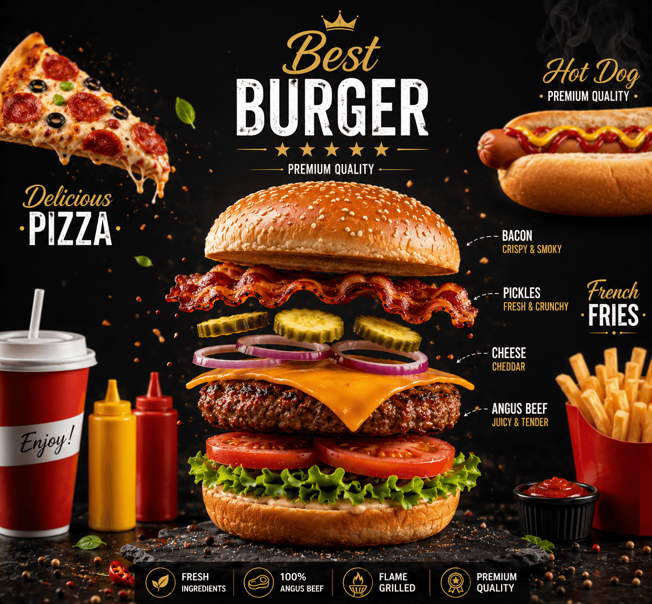 Restaurant menu showcase with burger, pizza and sides on Qruchi